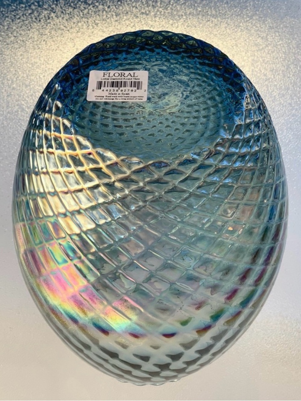 Spanish Iridescent Embossed Diamond Pattern Recycled Glass Large Table Vase - Picture 8 of 9